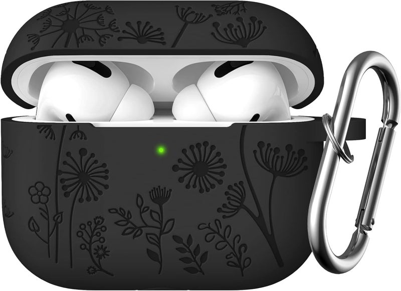 Lerobo Flower Engraved Case Compatible with Apple AirPods Pro 2 Case Cover Full Protective Cover for AirPods Pro Case 2nd 1st Generation 2022/2023 USB C Cute Soft Silicone Skin Front LED Visible Black - Image 1